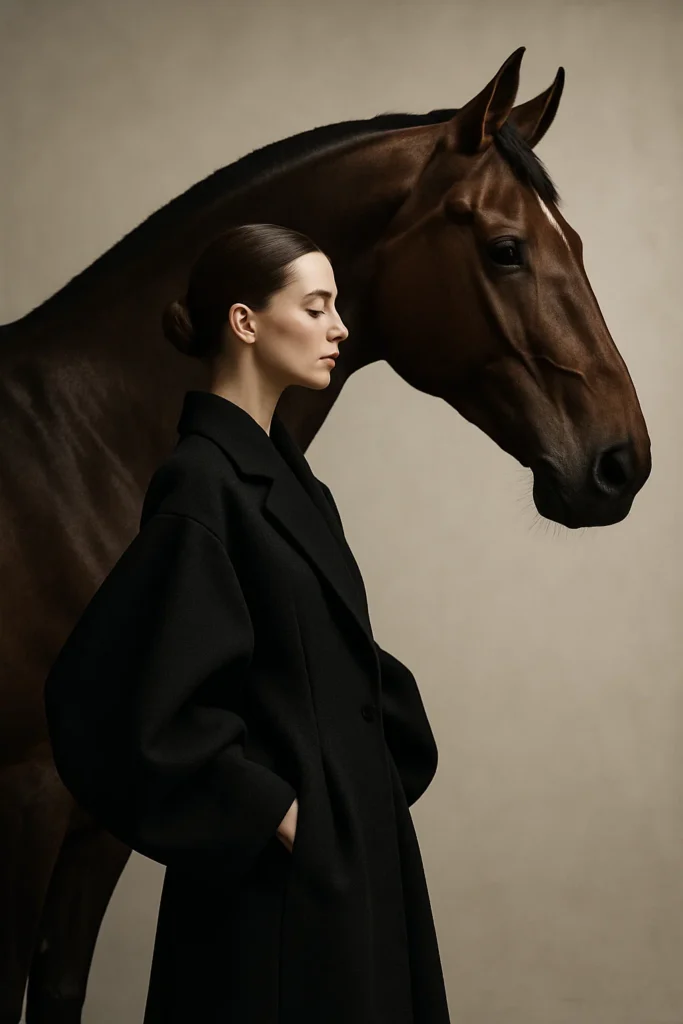 a realistic Sora AI Generated Portrait image of a woman standing beside a horse 