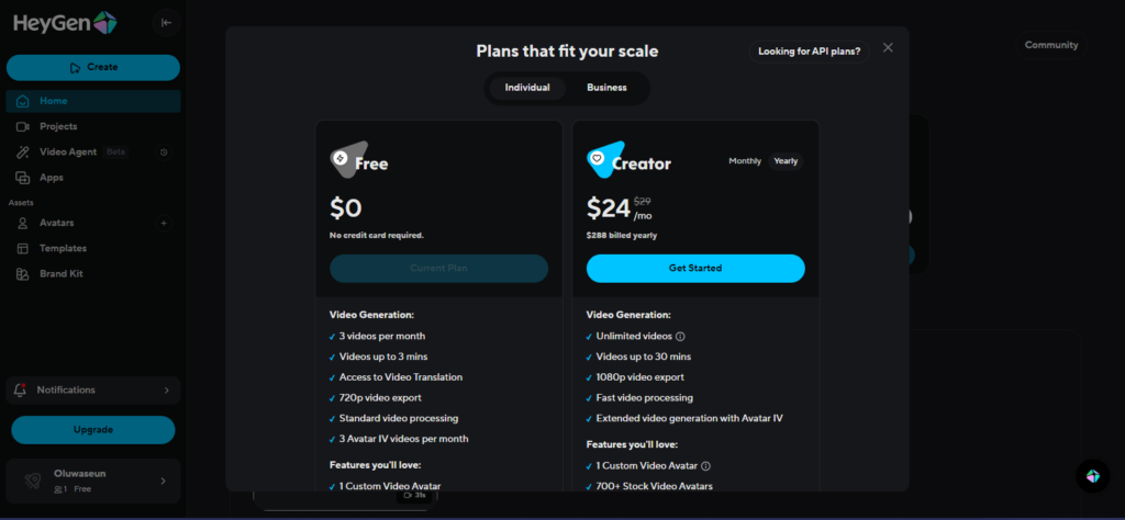 Hey gen Pricing plan pagee