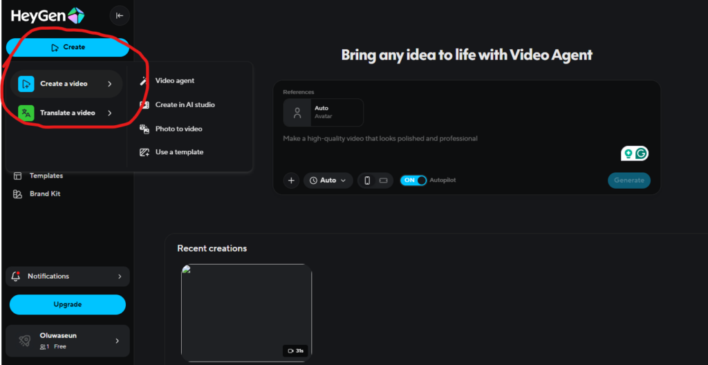 Create video option in heygen